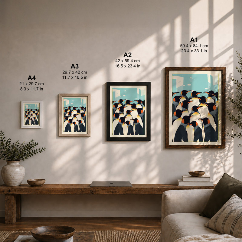 Penguin Cityscape Geometric - Framed Print, A3 - 42.0 x 29.7 cm, Oak