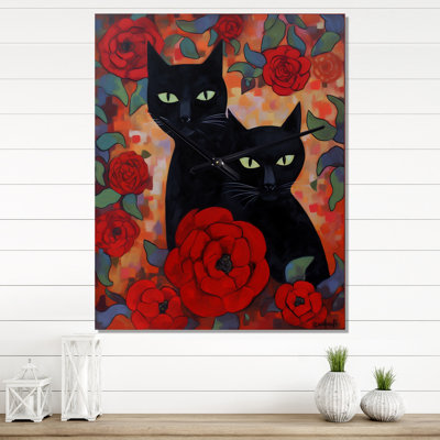 Two Black Cats With Red Roses Painting - Animals Cat Modern Wall Clock