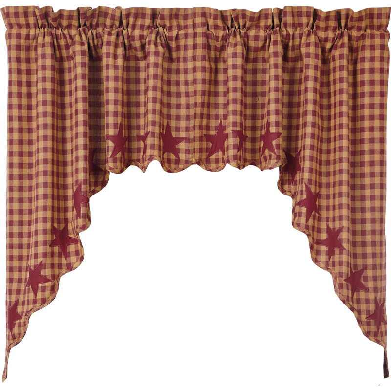 Navy Star Checkered Cotton 72'' W Window Valance, Burgundy