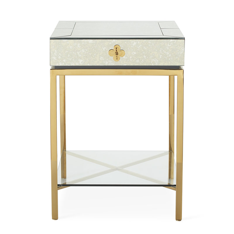 Delphine Quatrefoil Mirrored Side Table with Storage