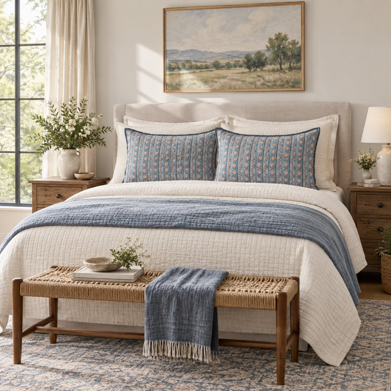 Ensemble de housses de coussin en coton imprimé floral bleu Kunj 20" x 26", Standard, Blue