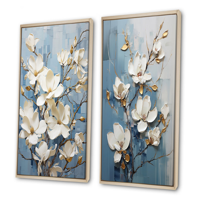 Elegant blanc et bleu Magnolias Serenity - ensemble de 2 impressions sur toile Magnolias, Encadrement brun, H 40 po x l 41 po