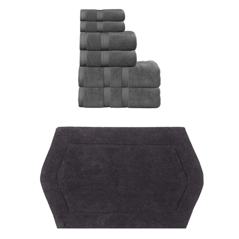 Bryd Collection 100% Soft Cotton Towel Set & 1 Pc Bath Rug, Dark Gray, 6 Piece Towel Set & 1 Piece 24"x40" Bath Rug