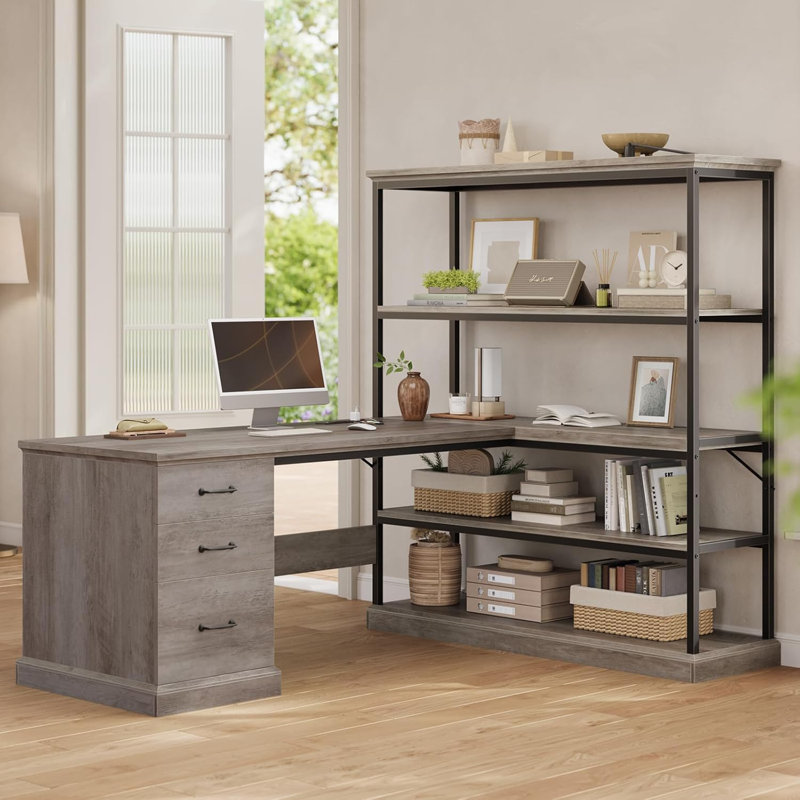 L-Shaped Executive Desk with Power Outlet, Gray/Black