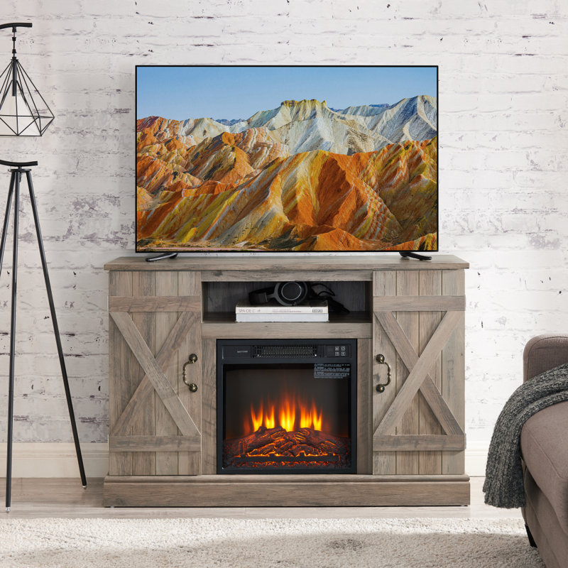Farmhouse Classic Media TV Stand Antique Entertainment Console With 18" Electric Fireplace Insert For TV Up To 50" With Open And Closed Storage Space, Grey Wash 47"W*15.5"D*30.75"H