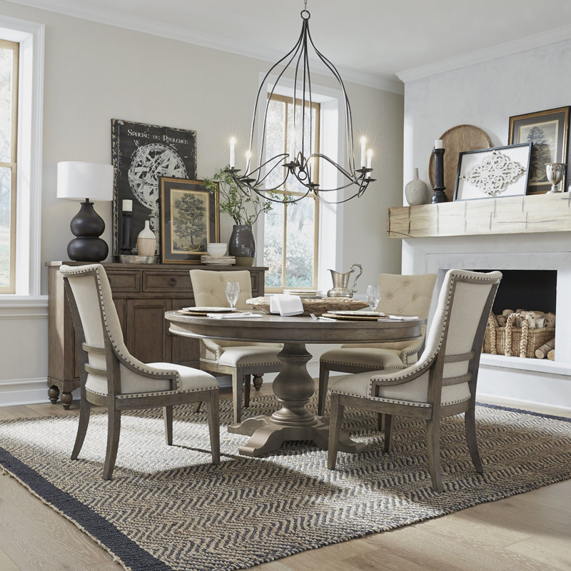Aisja 4 Person Pedestal Dining Table Set w/ Upholstered Chairs
