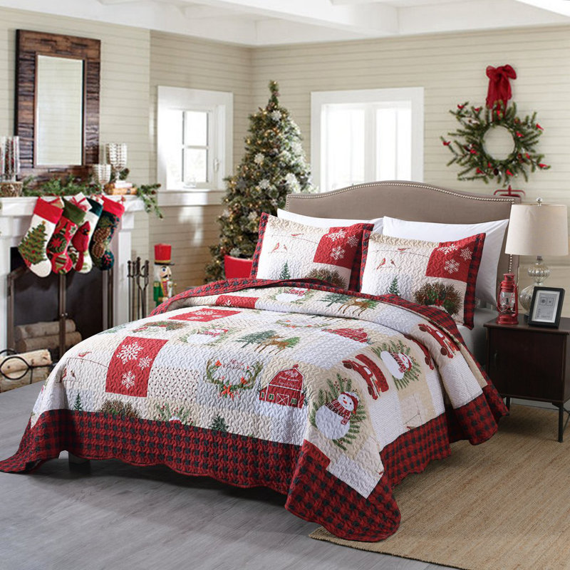 King Red Cotton Reversible Christmas Bedspread Set