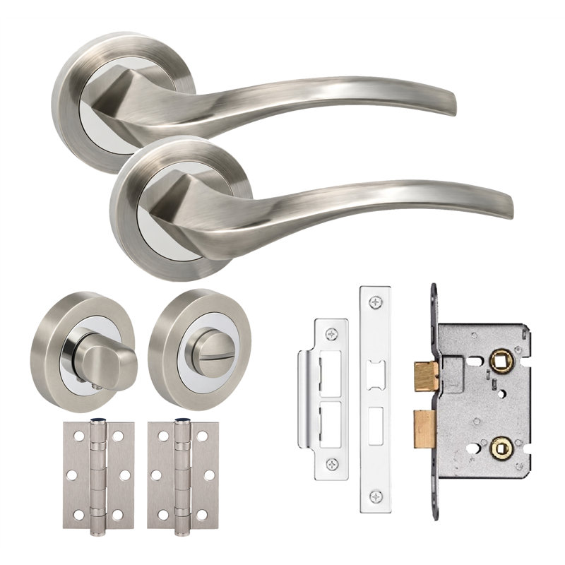 Golden Grace 1 Pair Grove Design Bathroom Door Handles on Round Rose Satin Nickel and Polished Chrome Durable Metal Internal Curved Lever with Thumbturn, Mortise Lock and Hinges - 52mm