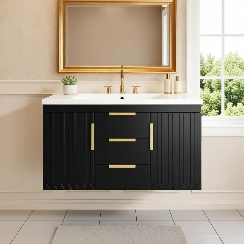 Meuble-lavabo mural 36 po avec lavabo en résine, armoire de rangement flottante avec 2 tiroirs, armoire de salle de bain en bois massif