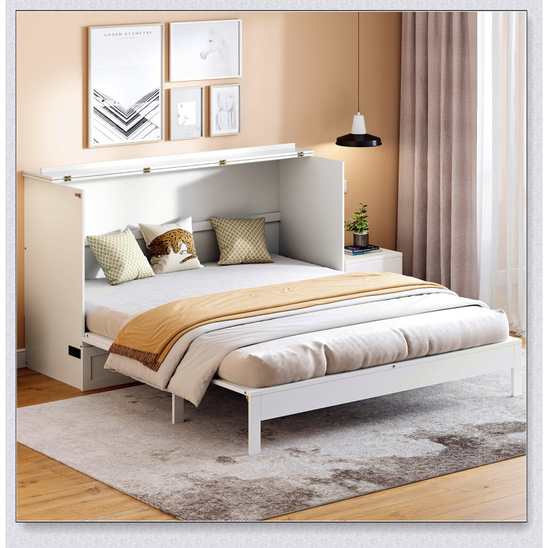 Murphy Bed With Large Drawers, Blanc, Grand lit