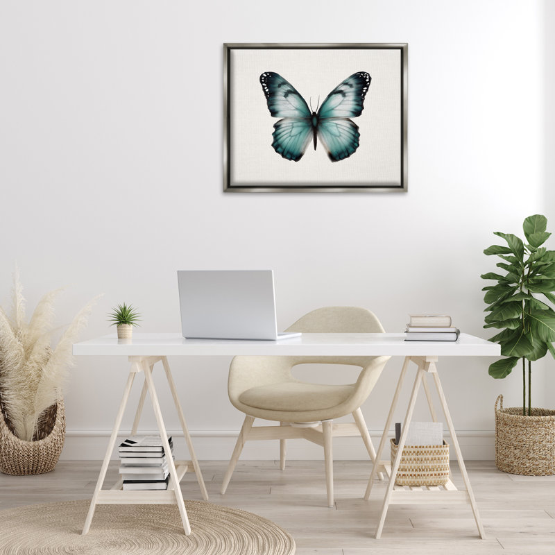 Art mural sur toile flottante, bleu sarcelle, papillon symétrique par Elizabeth Medley, Cadre flottant gris lustré