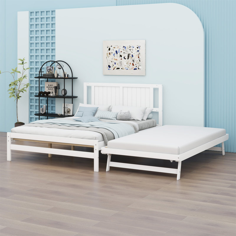 Platform Bed With Adjustable Trundle, White