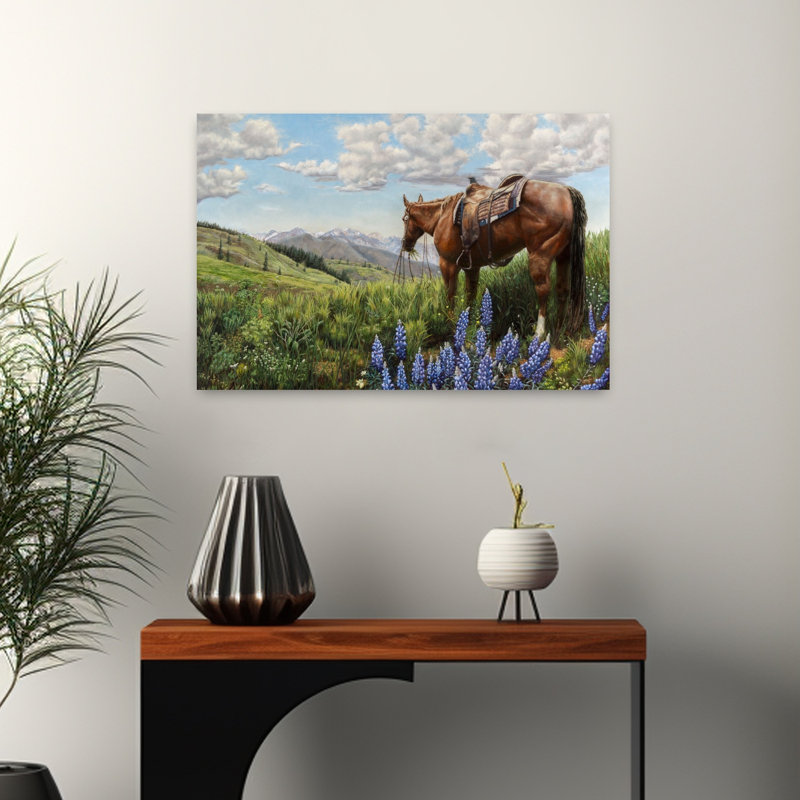 Horse In Mountain Pasture Serene Tranquil Abstract Horse Landscape Mountain Wall Art Print 1 Piece Wrapped Canvas Wall Art
