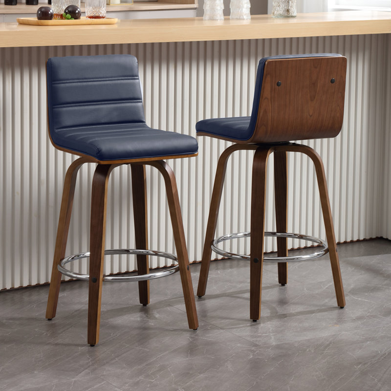 Blue PU Leather Swivel Counter Stools with Walnut Bentwood Legs