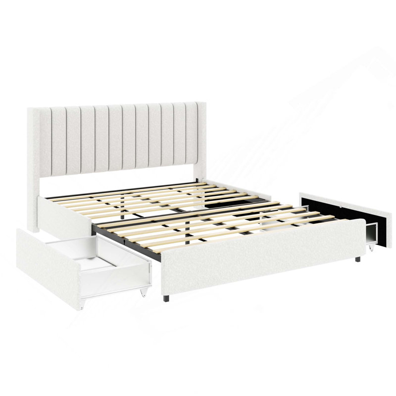 Lit plateforme tapissier Boucle avec rangement à tiroirs breveté, support de matelas à lattes en bois, aucun sommier nécessaire