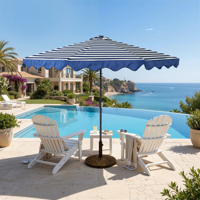 10 FT LED Patio Umbrella, Outdoor Striped Table Umbrella with Scalloped Edge & Solar Lights, Sun Shade Umbrella for Pool, Garden, Backyard, Deck