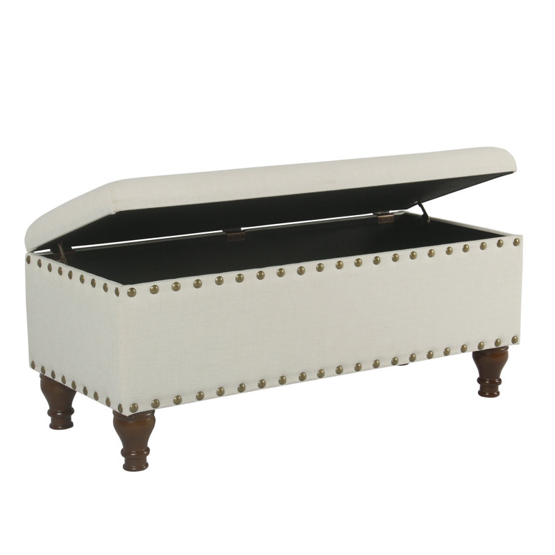 Collantes Upholstered Storage Bench, Cream/Brushed Brass Nailhead
