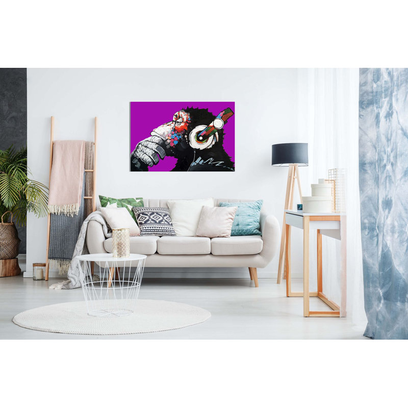 Cool Ape With DJ Heaphones - Wrapped Canvas Print, 61cm H x 91cm W, Purple