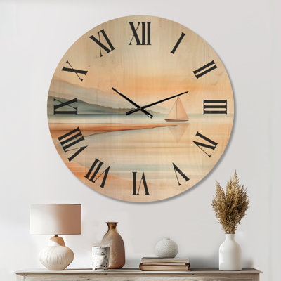 Sunset Sailboat Shore III - Orange Nautical Round Wall Clock, Printed on Wood
