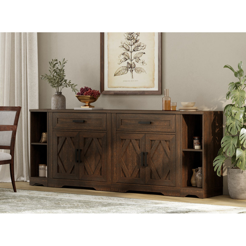 Laziza 82.7"W Large Modern Farmhouse Large Storage Sideboard Cabinet With Barn Doors & Drawers, Scratch-Resistant Tree Bark Finish