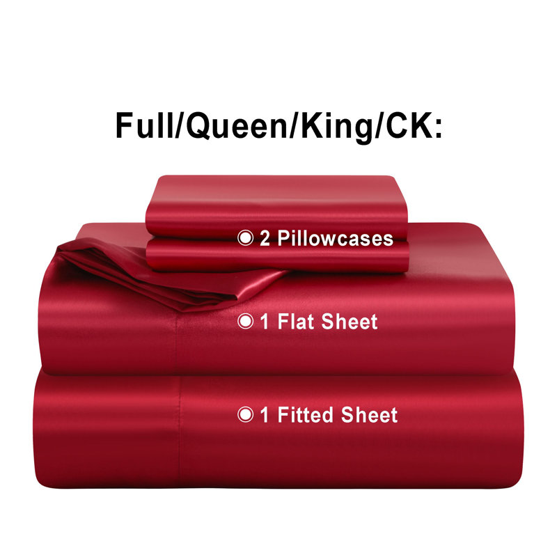 Lustrous Satin Bed Sheet Set Luxury Soft Durable, Queen Sheet Set with 2 Pillowcases, Wine Red