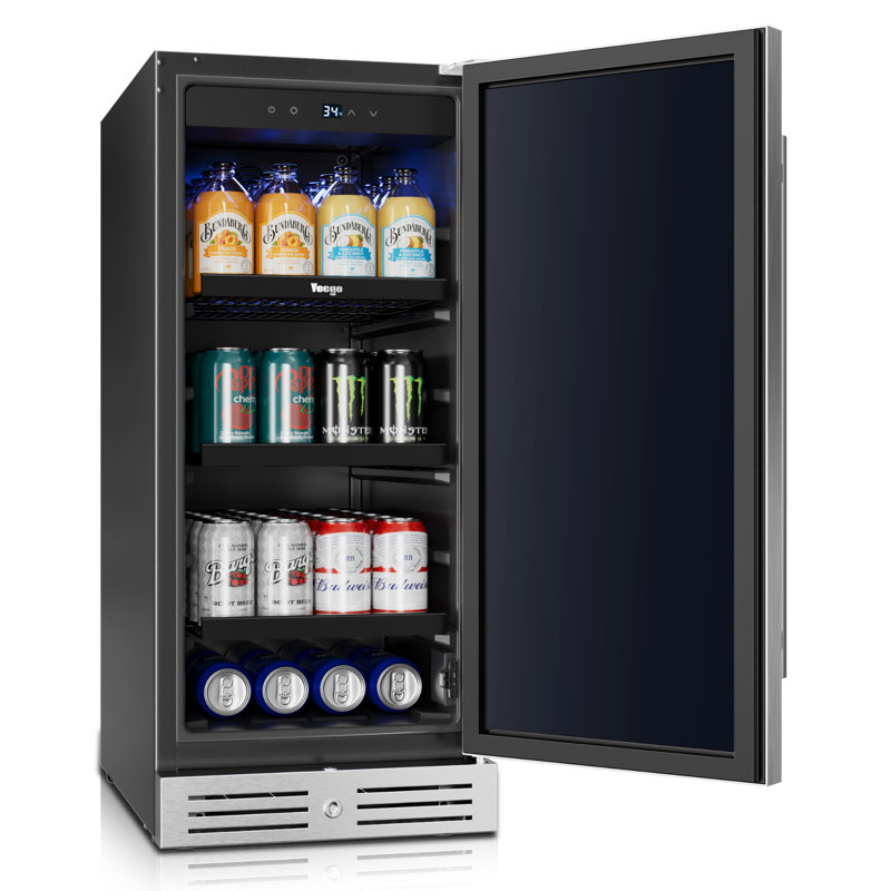 Réfrigérateur à boissons encastré d'extérieur de 15 po d'une capacité de 80 canettes, réfrigérateur compact en acier inoxydable avec dégivrage et verrouillage automatiques, tablettes amovibles, réfrigérateur à boissons intérieur et extérieur
