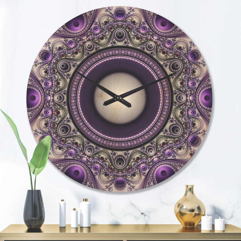 Horloge murale moderne en bois mauve à motif fractal avec cercles, Grand