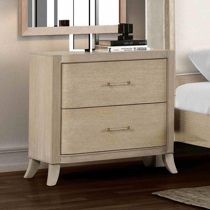Table de chevet style transitionnel 1Pc Bords courbés Port USB français et anglais Tiroirs à queue d'aronde Poignées en acrylique finition chêne naturel