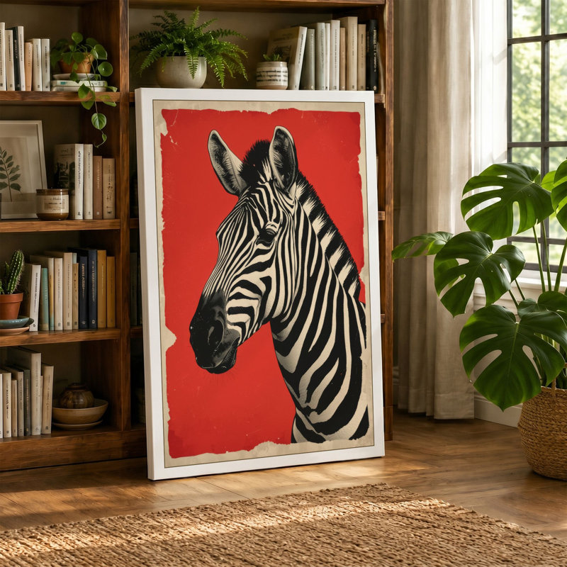Zebra in Red Modern - Wrapped Canvas, 30x20 - 76.2 x 50.8 cm, Black Border