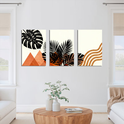 Tropical Leaves and Geometric Patterns Canvas Wrapped Wall Art, Abstract Modern Print (Set of 3)
