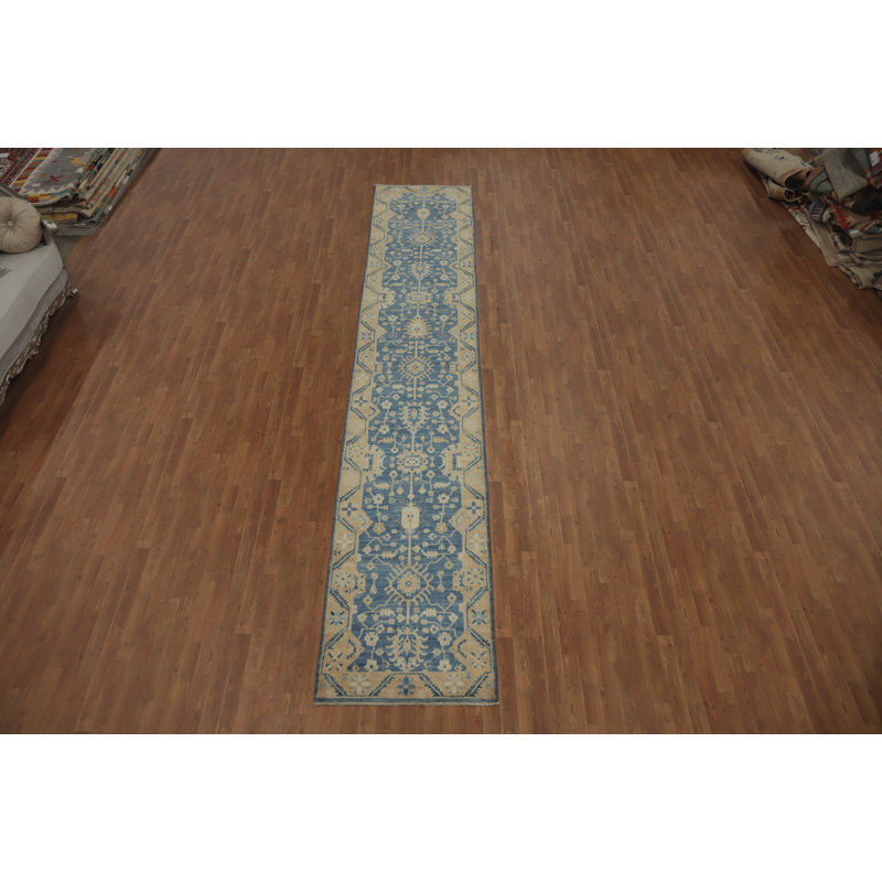Tapis de couloir bleu teint à la main Ziegler 3x16