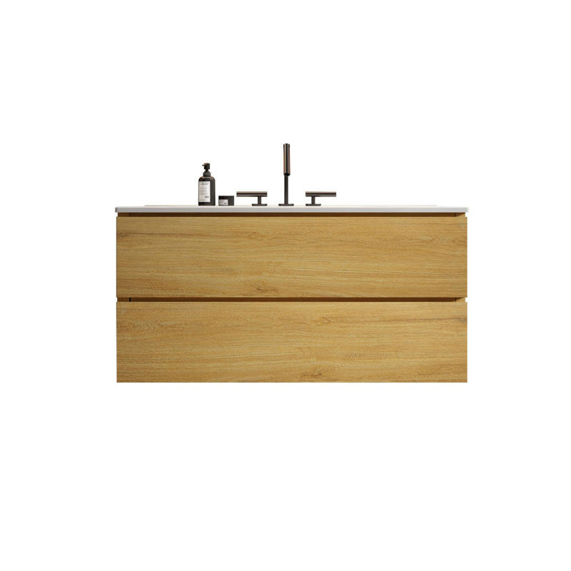 Wall Mounted Bathroom Vanity with Ceramic Sink, Oak, 36"