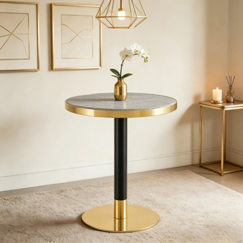 Panneau de fibres à densité moyenne rond de 23,6 po pulvérisé avec un comptoir de peinture UV, texture de marbre, bordure en acier inoxydable, pieds de table en métal, table basse moderne de luxe.