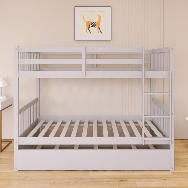 Wood Frame Full Over Full Size Bunk Bed With Trundle, Ladder And Guardrails, Light Gray