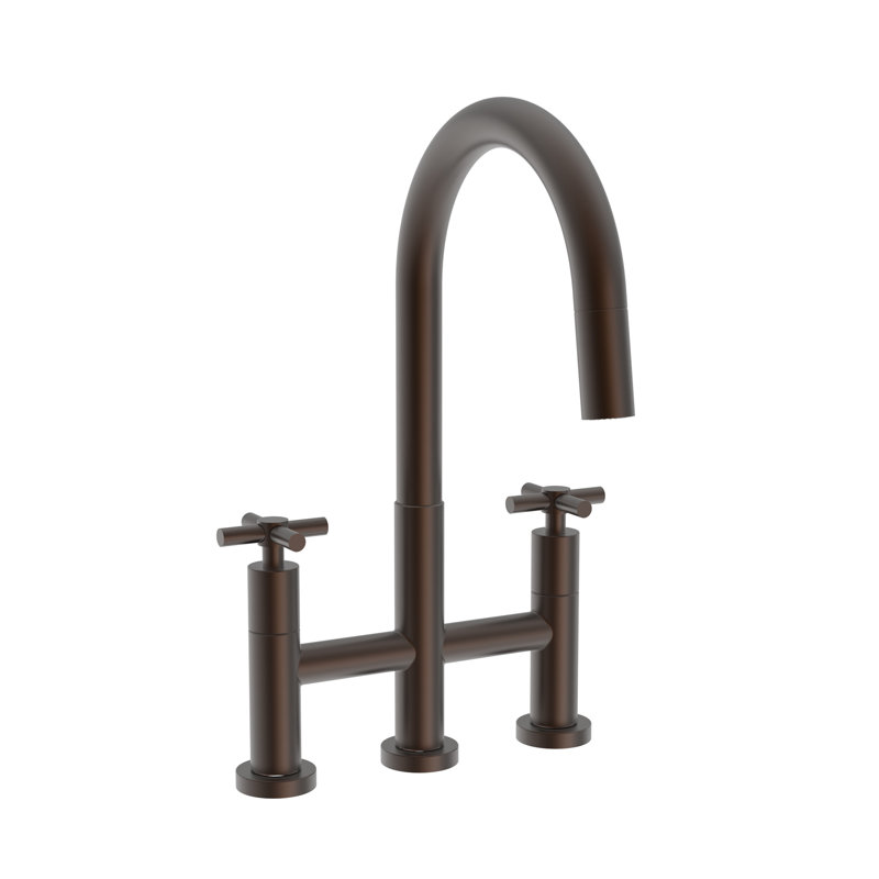 East Linear Pull Down Kitchen Bridge Faucet, Cross Handle, English Bronze
