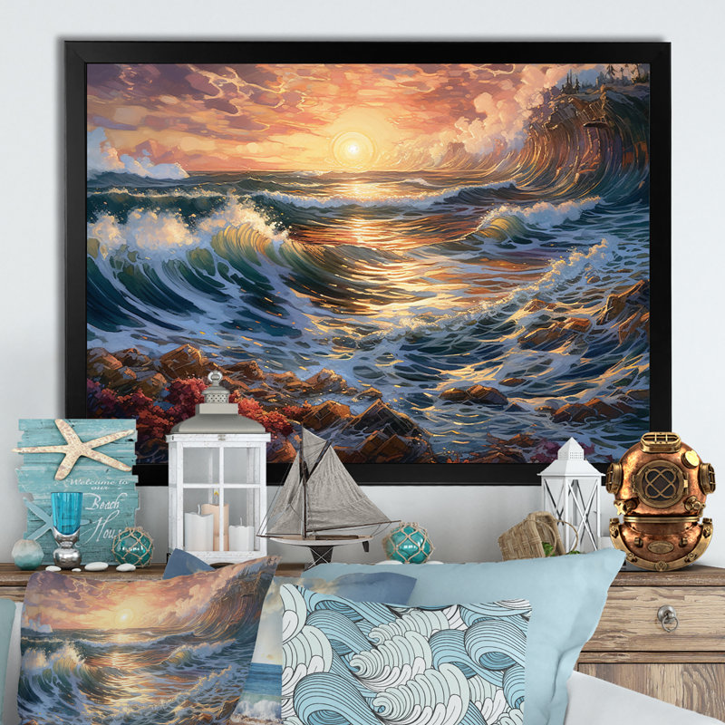 Golden Blue Majestic Waves III sur toile, H 12 po x l 20 po x P 1 po, Cadre photo noir