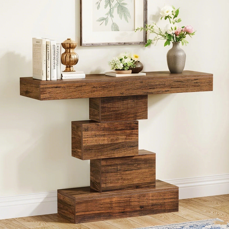 42.5" Console Table, Wood Sofa Table Accent Table with Geometric Base, Rustic Brown