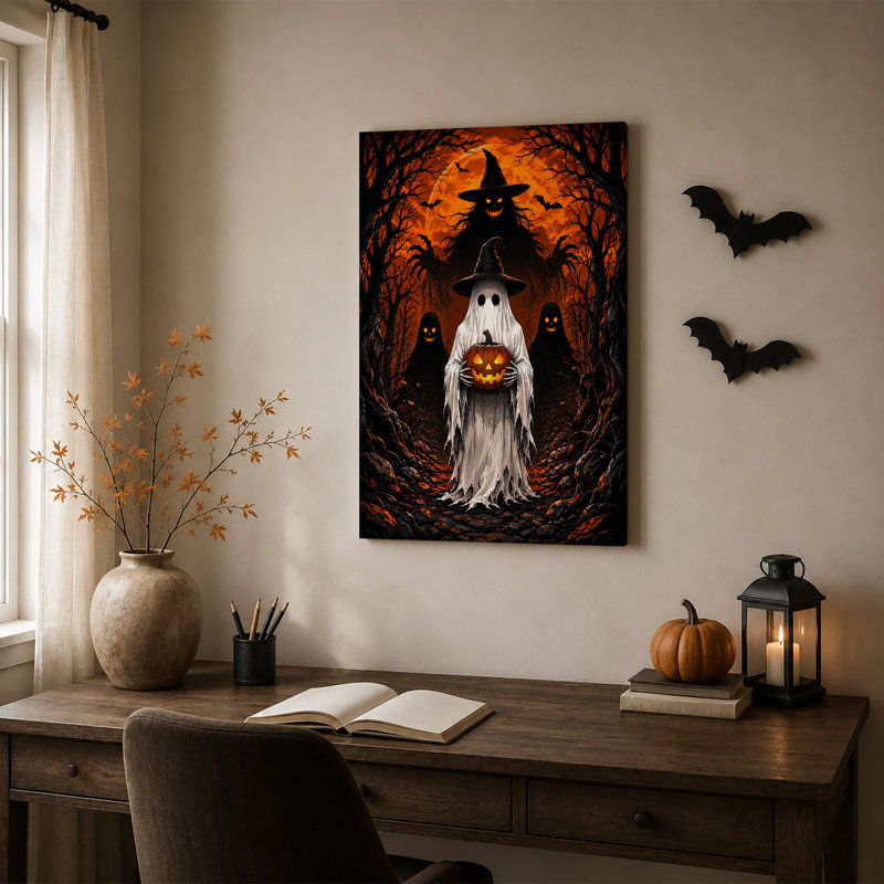 " Ghost And Witches In Dark Forest Holding Glowing Halloween " Painting Print, H 18 po x l 12 po