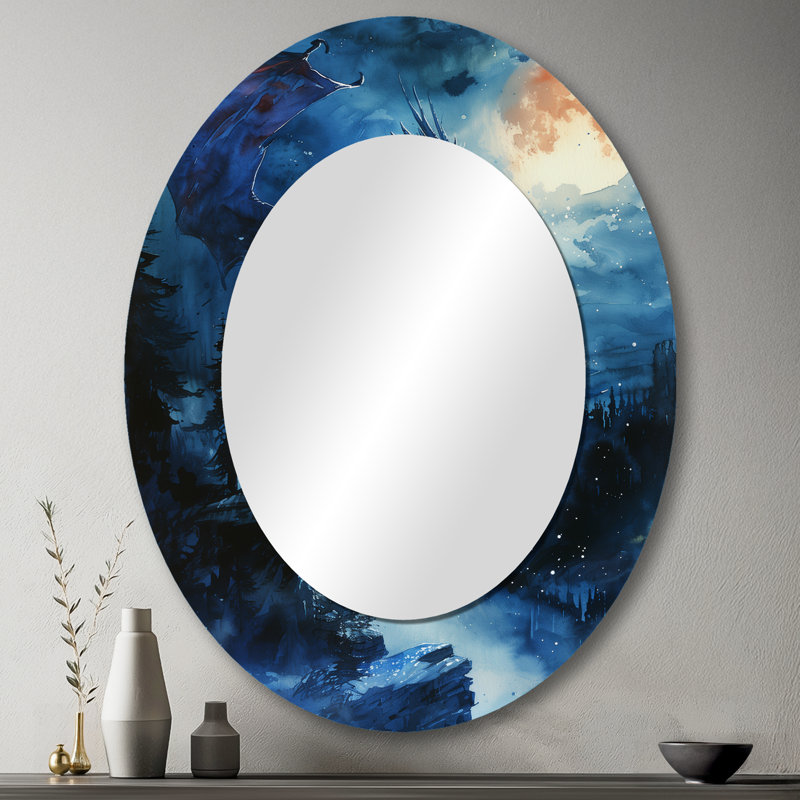 Dragon de vol bleu au clair de lune I - Miroir décoratif ovale abstrait sur métal, 43 po x 33 po