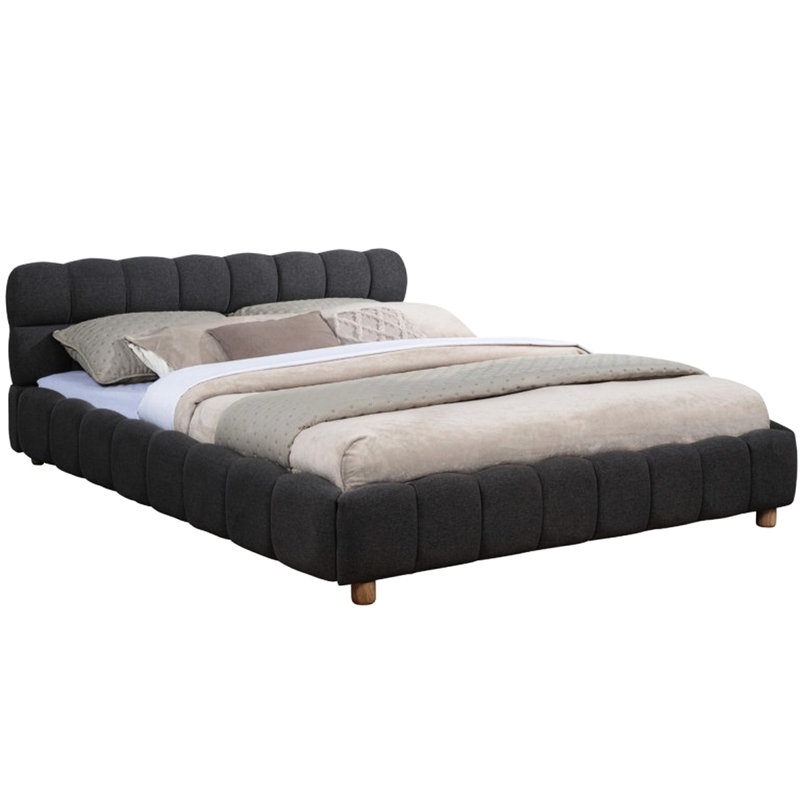 Grand lit moderne grand profil en tissu gris avec revêtement en grille, jute naturel et bois d'ingénierie, utilisation dans la chambre à coucher, plate-forme revêtue grise requise pour la taille, le style, le profil, la grille