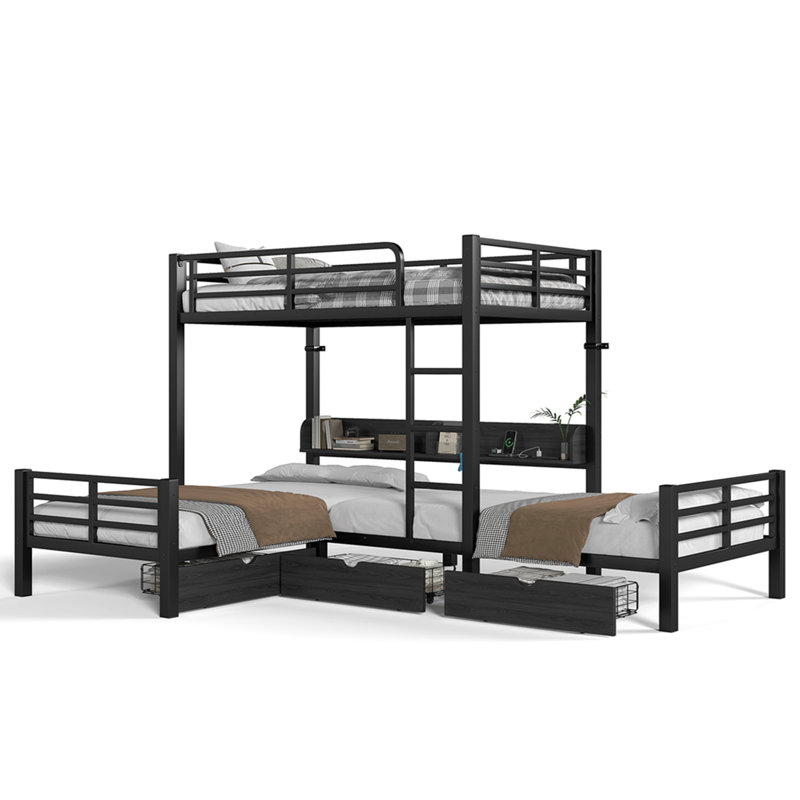 Lit mezzanine triple avec tablettes de rangement et tiroirs, lit simple mezzanine simple et simple avec lumières à DEL et ports USB, lit mezzanine en forme de L pour 3, peu encombrant, noir