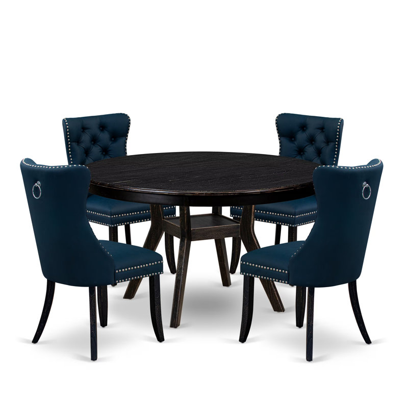 5 Piece Dining Table Set consists of a Round Table with a pedestal and 4 Navy Blue Polyester Fabric Parson Chairs, Sand Blasted Black