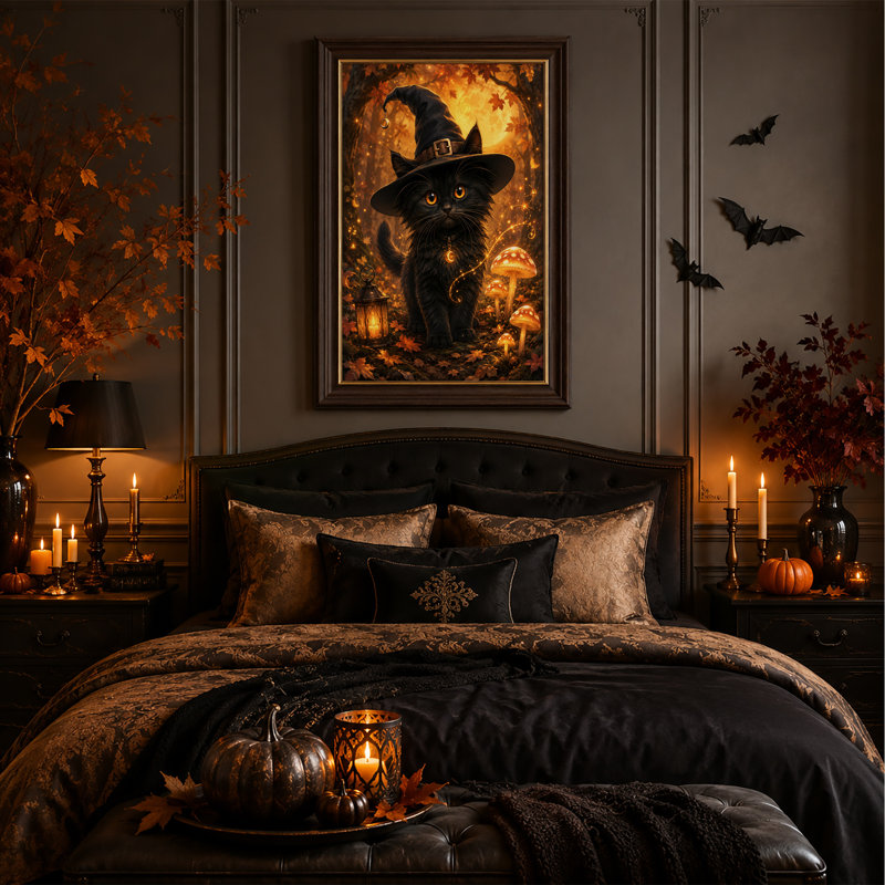 Toile noire, sorcière noire dans une forêt d'automne avec Halloween, H 18 po x l 12 po