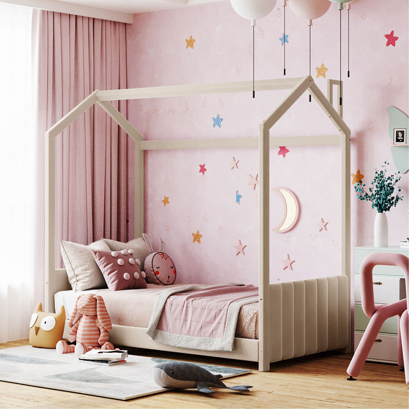 Lit en bois Velvet House, Beige, Lit simple