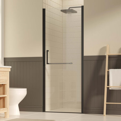 Porte de douche pivotante sans cadre de l 29 à 30 po x H 72 po, portes de verre pivotantes avec verre trempé transparent de 1/4 po (6 mm), film antidéflagrant, installation réversible, noir mat