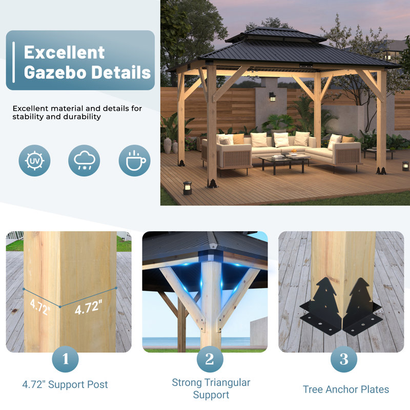 12 Ft. W X 10 Ft. D Solid Wood Patio Gazebo, Patio Cedar Wood Gazebo Galvanized Steel Hardtop Heavy Duty Frame For Garden, Lawn, Poolside, Backyard Deck