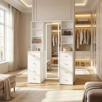 47.2" W Vanity Desk With Full-Length LED Lighted Mirror, 8 Drawers & Open Shelves, Makeup Vanity Table With 3 Color Lighting For Bedroom, Dressing Room