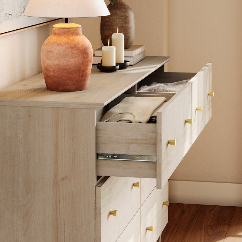 TV Dresser With 6 Drawers For 55 Inches TVs, Entertainment Center For Living Room Bedroom, Light Oak