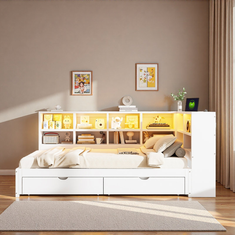 Modern Daybed With 2 Storage Drawers, Storage Cabinets, Led Light And Usb Ports, White