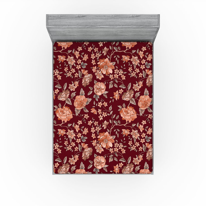 Drap-housse Ambesonne, Framboise, corail, gris, bleu sarcelle / floral, Drap-housse de taille double